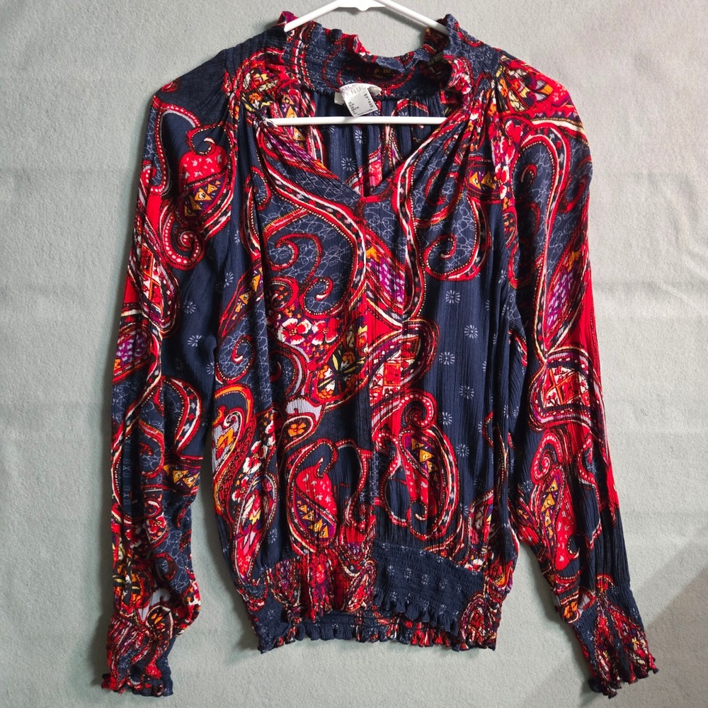 Lascana for Venus Paisley Smocked Waist Blouse Navy Red XS Boho Long Sleeve Top